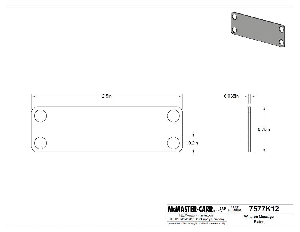 Technical Drawing of Write-on Message Plates, 3/4" High x 2-1/2" Wide.